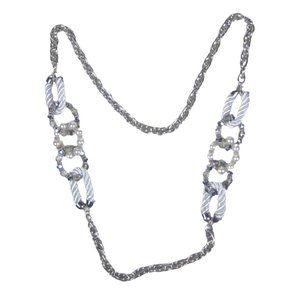 Imitation Pearl Beaded Necklace 45 inch Silvertone Heavy Chain Strand Statement